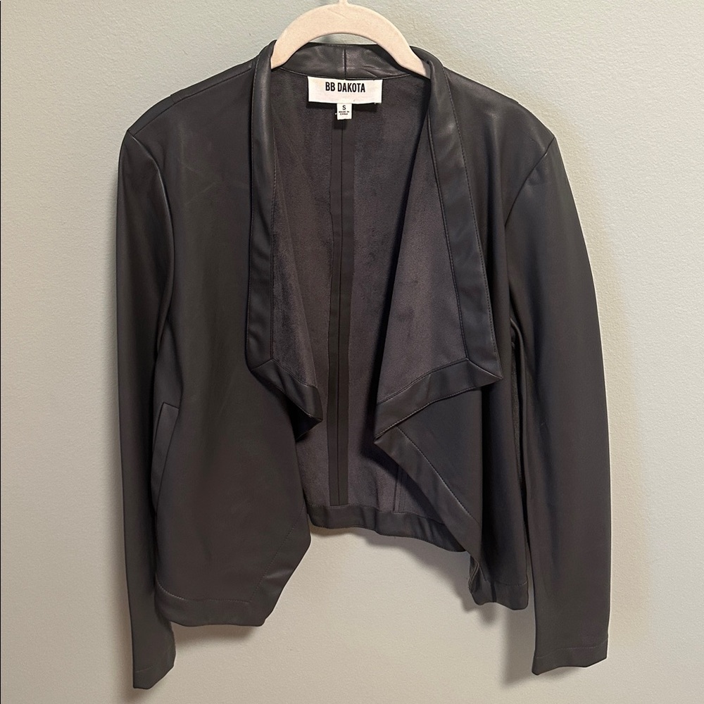 BB Dakota Faux Leather Draped Open Front Jacket